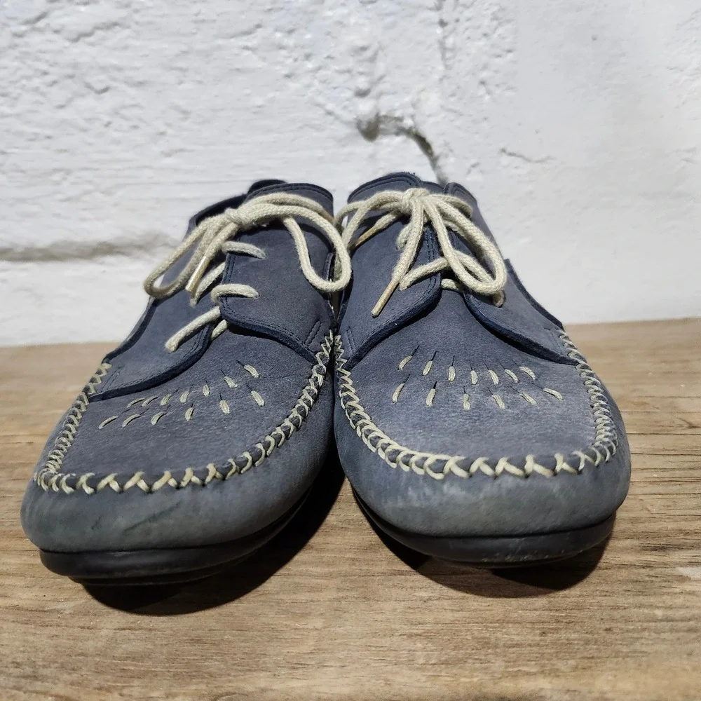 Hush Puppies Easy Times Blue Leather Whipstitch Embroidered Lace Up Loafers 8D